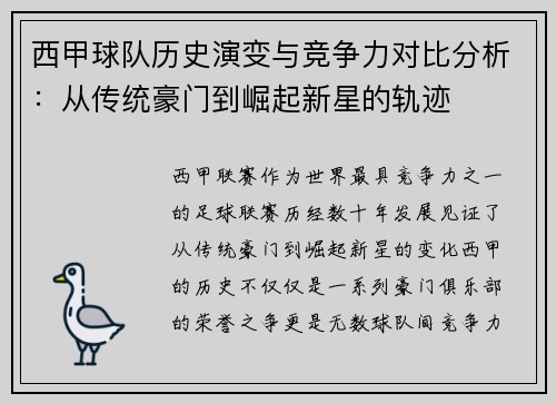 西甲球队历史演变与竞争力对比分析：从传统豪门到崛起新星的轨迹