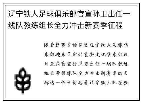 辽宁铁人足球俱乐部官宣孙卫出任一线队教练组长全力冲击新赛季征程 辽宁铁人足球俱乐部官宣孙卫出任一线队教练组长全力冲击新赛季征程
