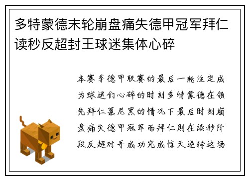 多特蒙德末轮崩盘痛失德甲冠军拜仁读秒反超封王球迷集体心碎