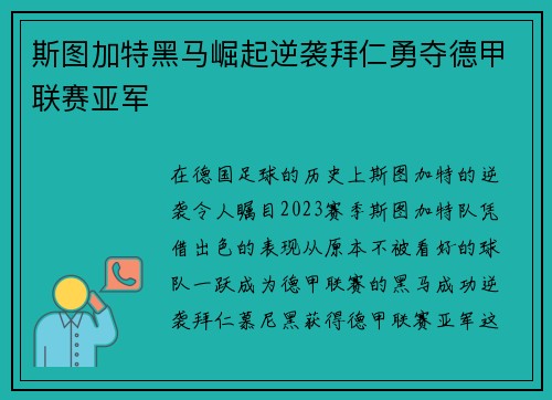 斯图加特黑马崛起逆袭拜仁勇夺德甲联赛亚军